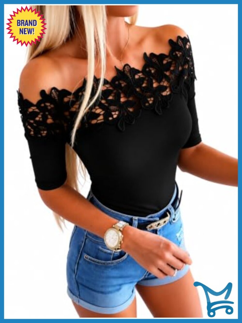 Off Shoulder Embroidered Floral Top Short Sleeve Slim Fit Blouse